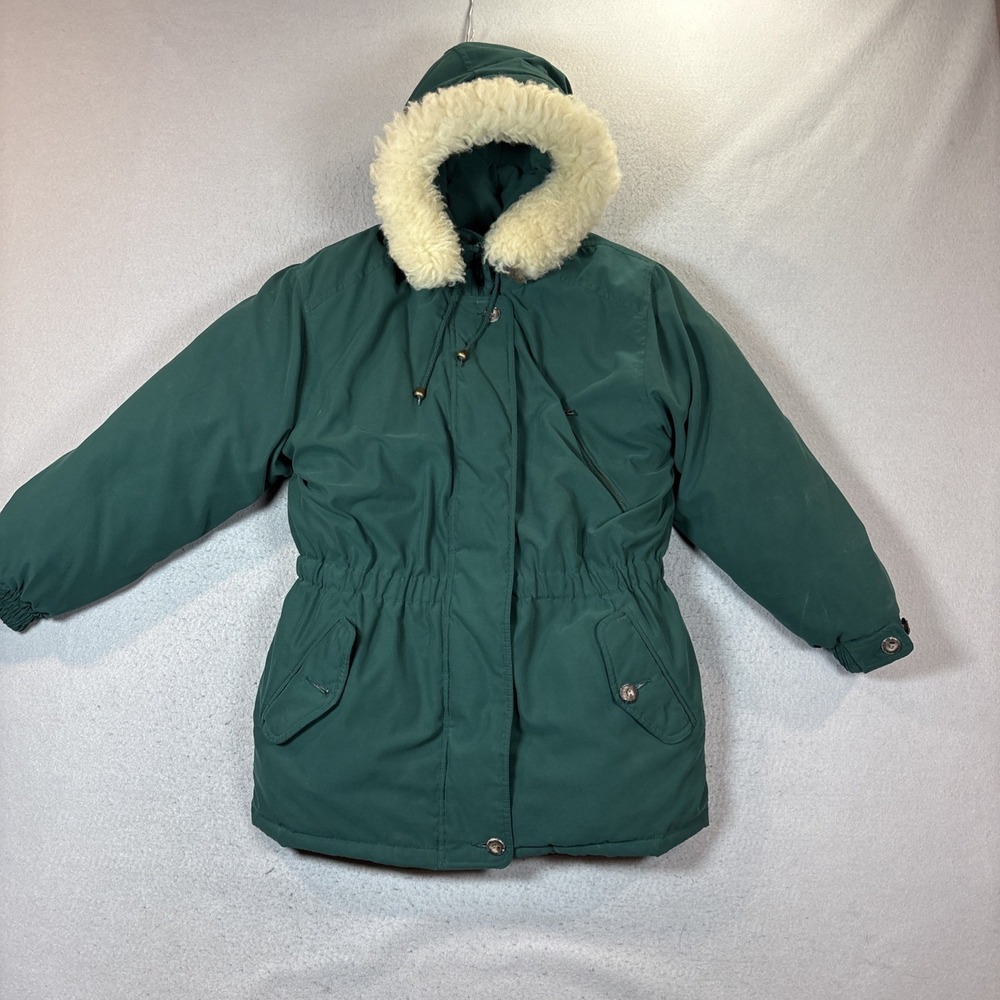 Vtg Eddie Bauer Goose Down Polar Parka Green Sheep fur Trim Hood Jacket sz M